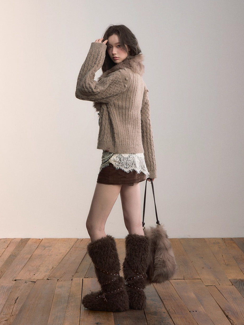 Textured Wool-Blend Cable Knit Cardigan