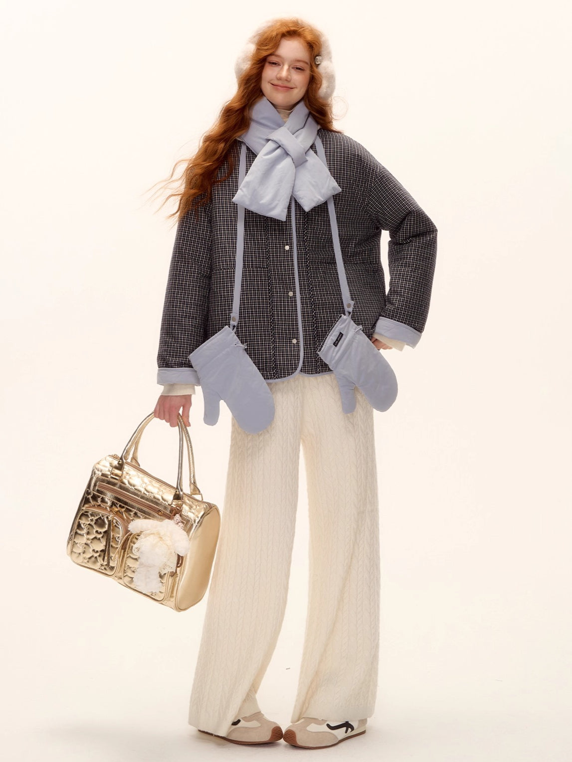 Vintage Blue Plaid Reversible Padded Jacket Set