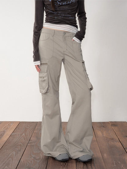 Gray-Green 3D Pockets Cargo Zipper Flare Pants