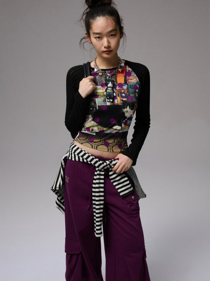 Cat Print Raglan Sleeve Color-Blocking T-Shirt
