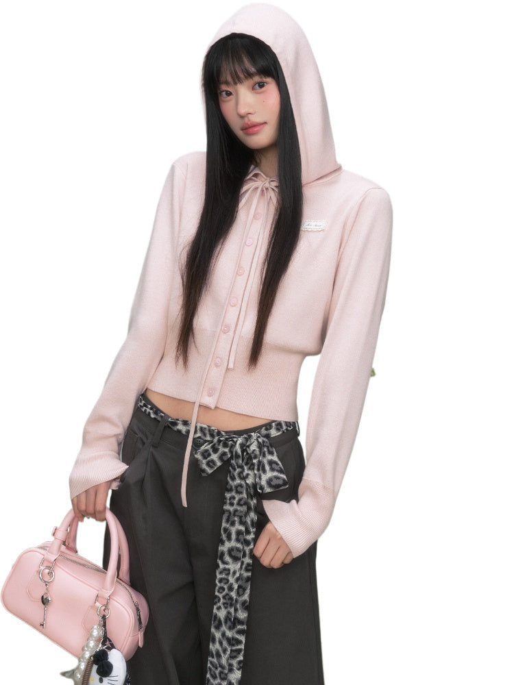 Bow Tie Waist Hoodie Knitted Long Coat