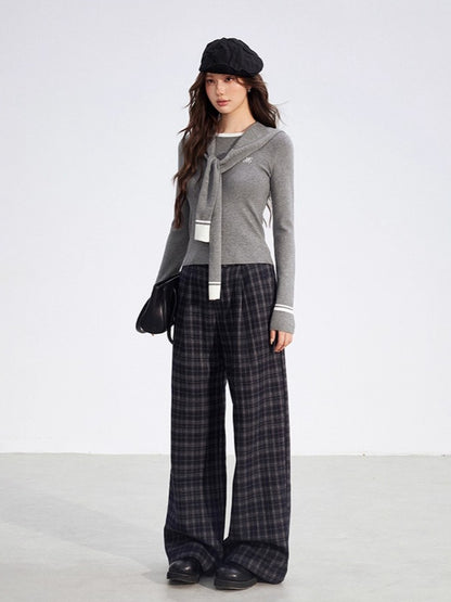 Plaid Fleece-Lined Wide-Leg Trousers