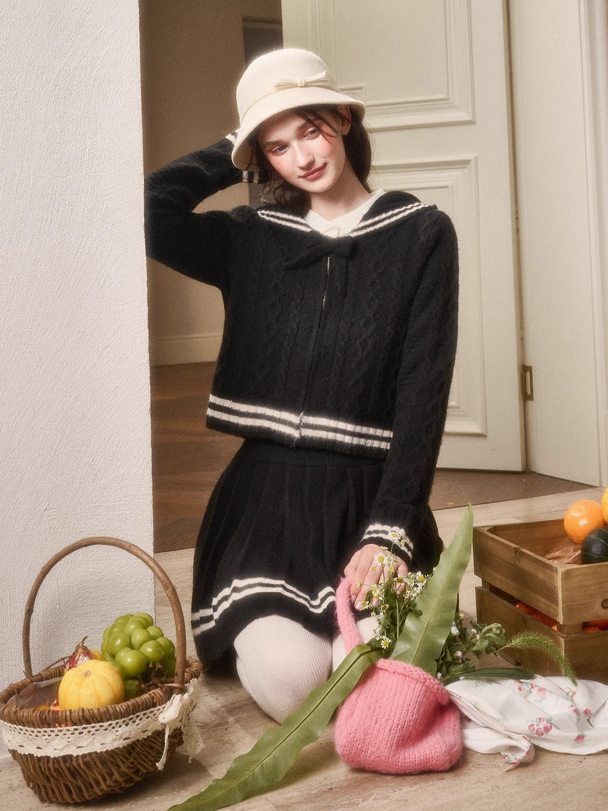 Memo Wool Cloud Knit Cardigan &amp; Pleated Skirt Set