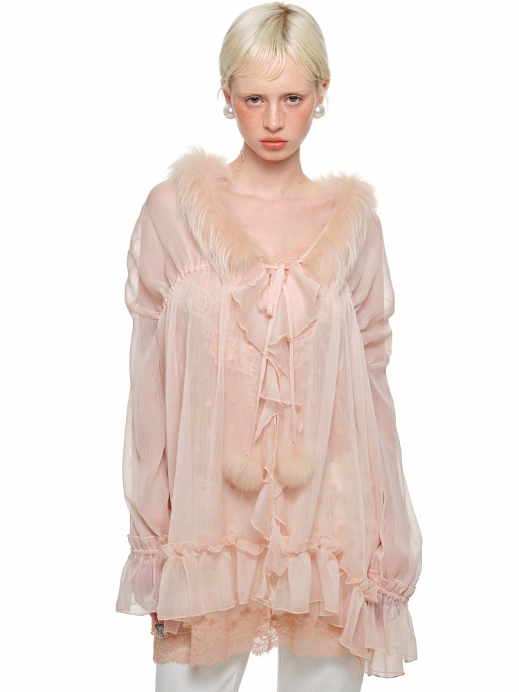 Chiffon and Fur Panel Shirt