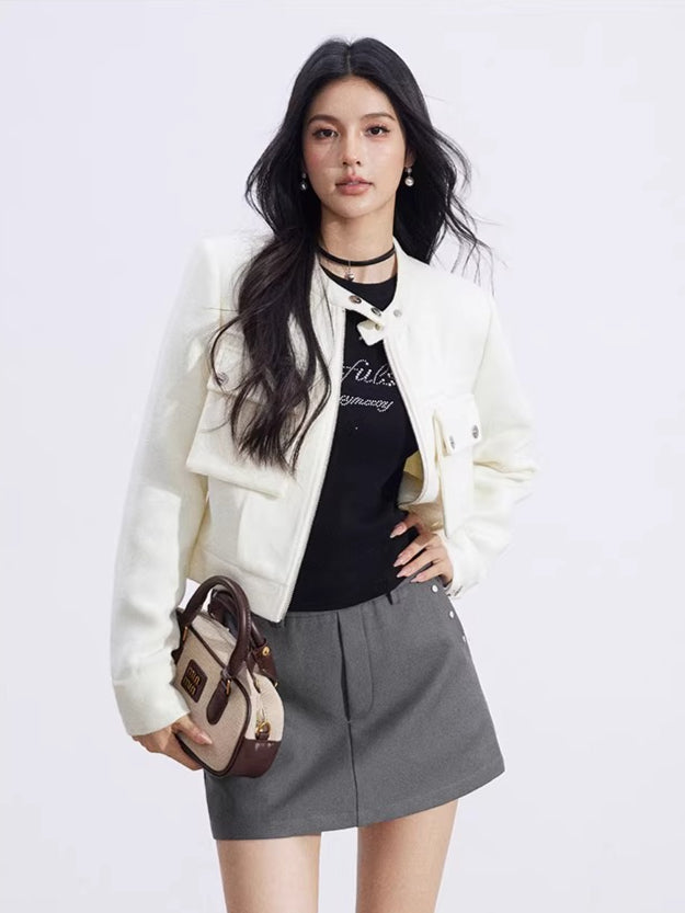 Chic Stand-Collar Tweed-Style Short Jacket