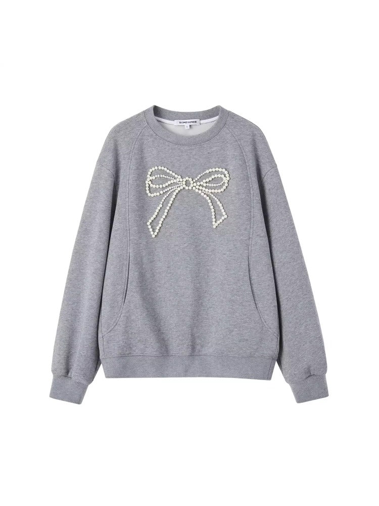 Gray &amp; Navy Blue Butterfly Knot Beaded Pullover Sweatshirt