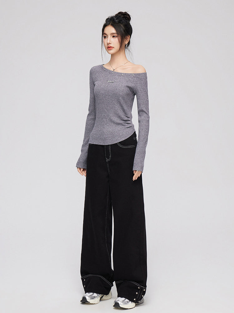 Cuffed Denim Wide-Leg Pants