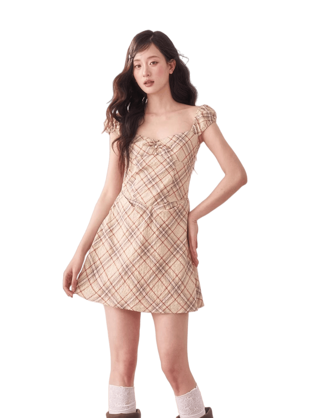 Vintage Plaid A-Line Mini Dress Khaki / M