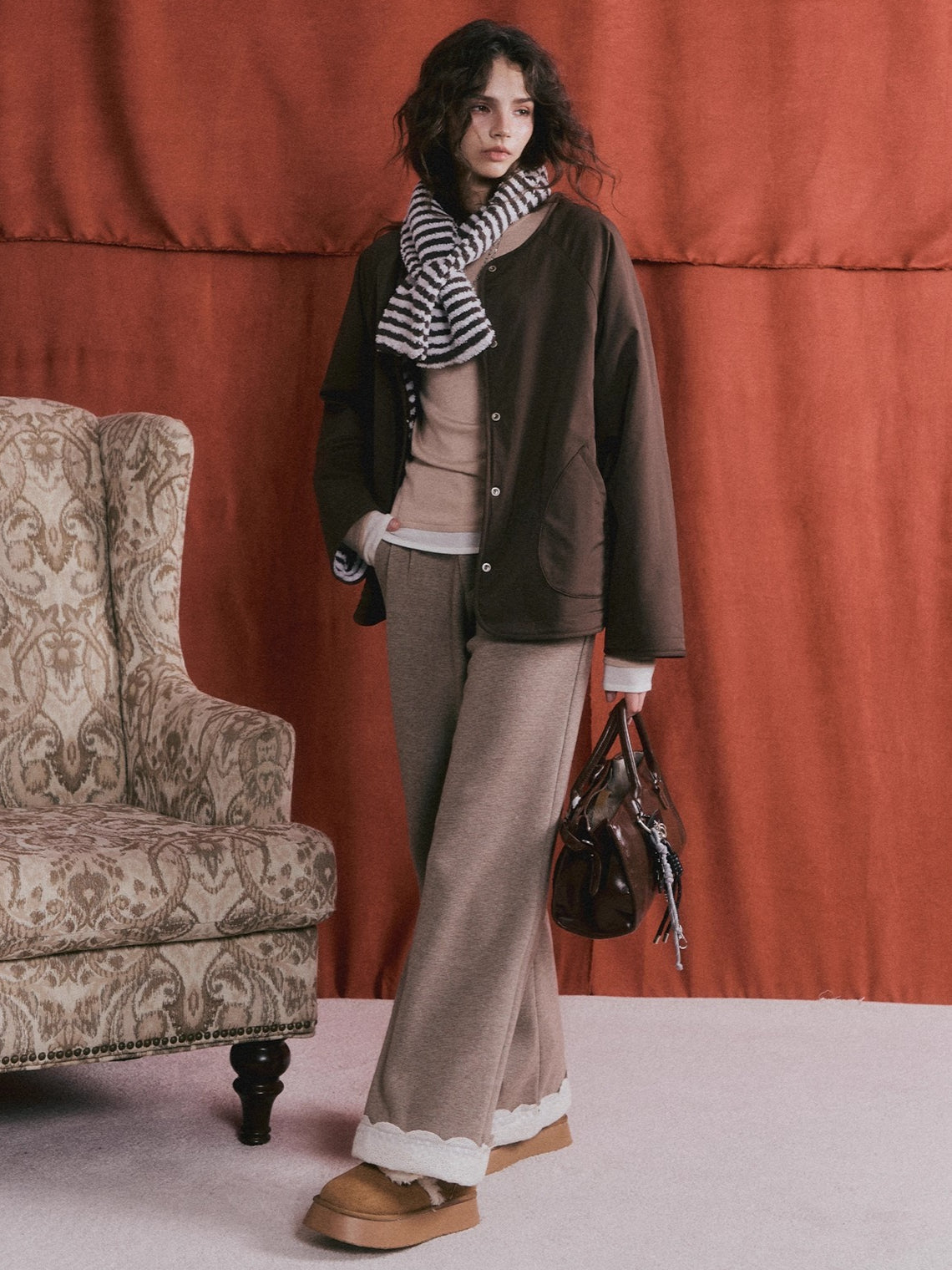 Reversible Striped Faux Scarf Detail Shearling Jacket