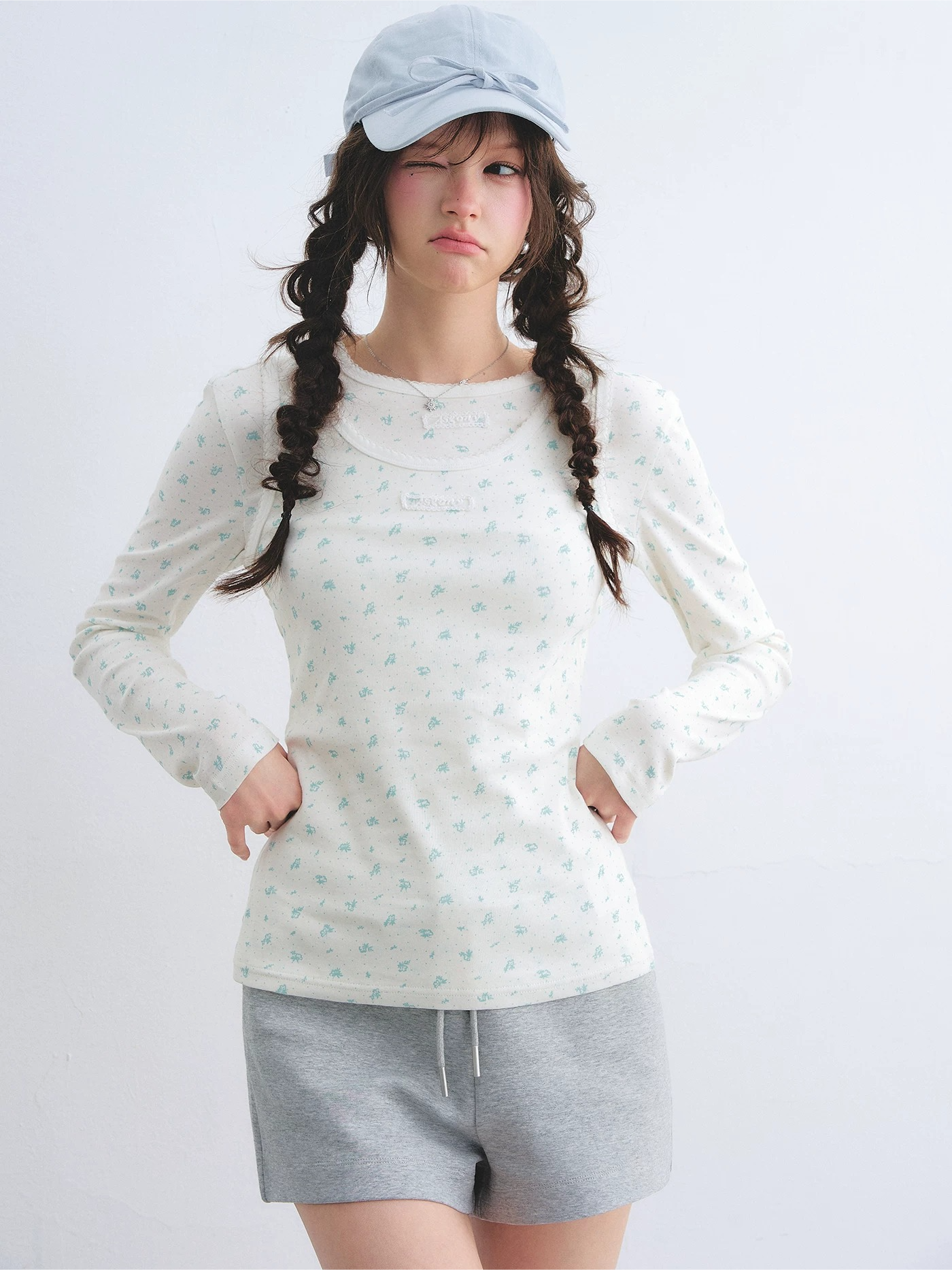 Vintage Floral Trim Long Sleeve Layered Top Set