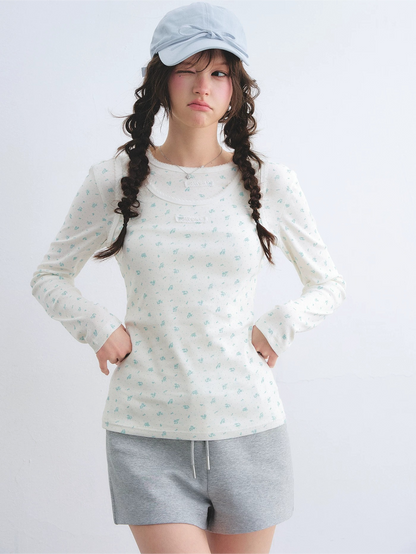 Vintage Floral Trim Long Sleeve Layered Top Set