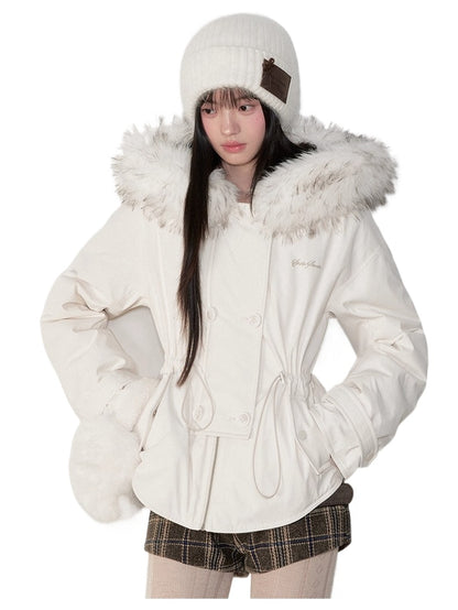 Faux Fur Collar Double-Breasted Down Parka Jacket