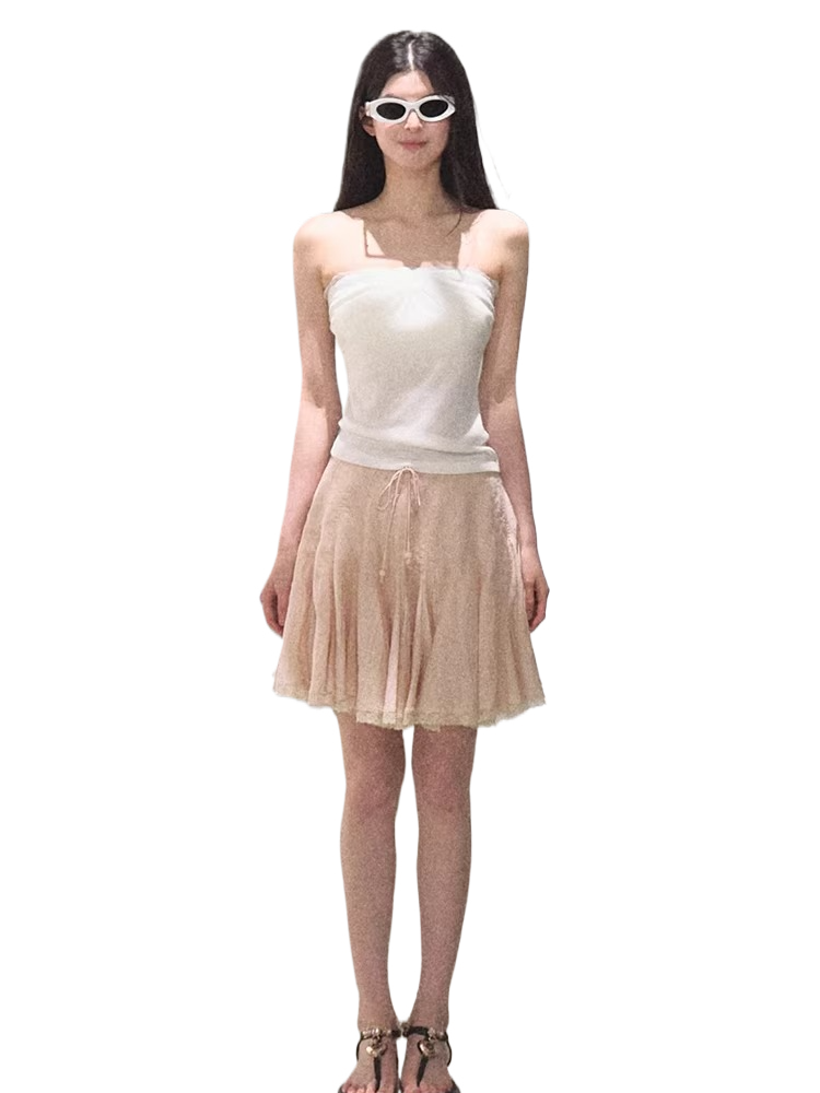 Lyocell Linen A-Line Lace-Trim Mini Skirt