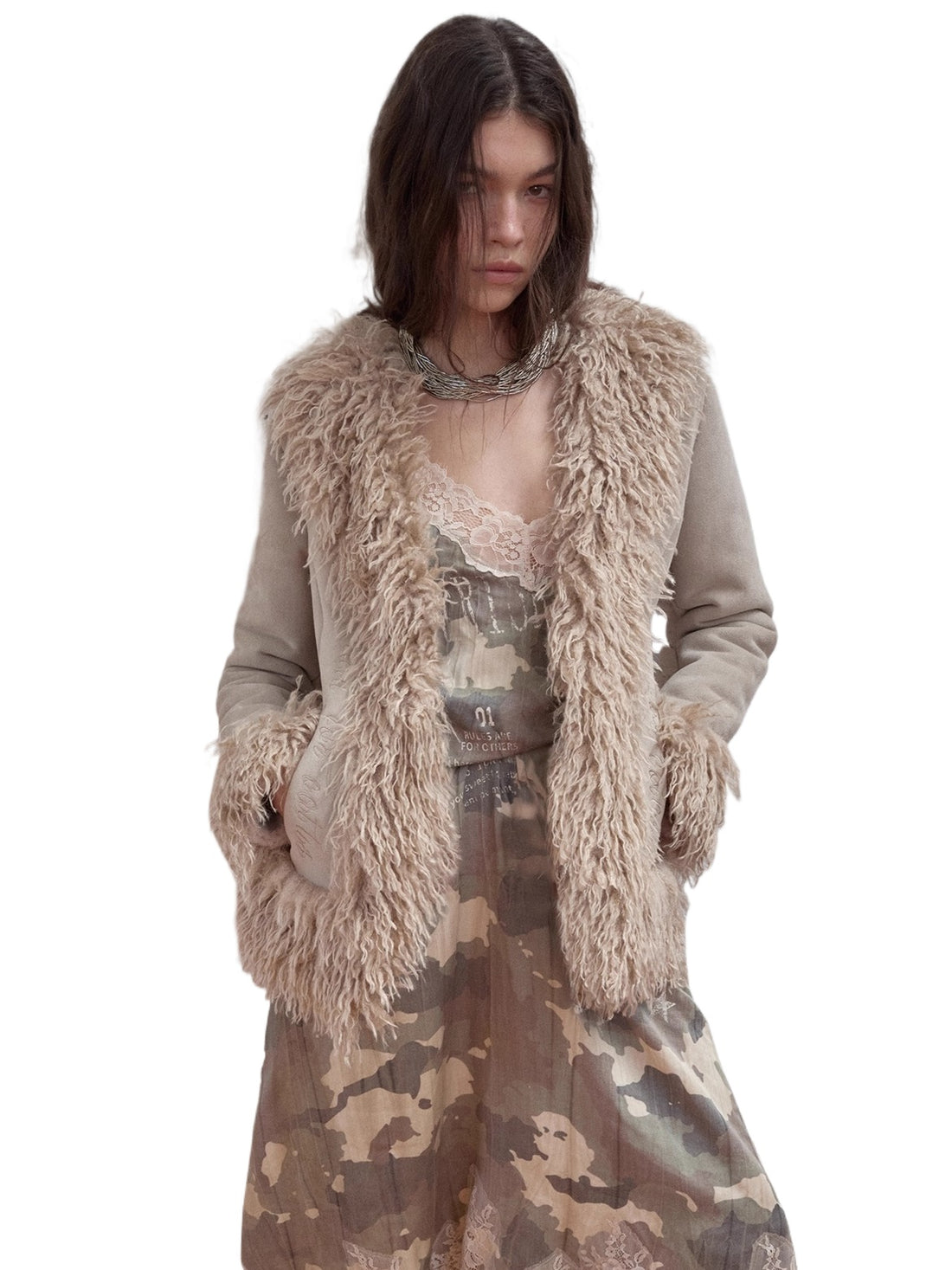 Suede Shearling Embroidered Panel Jacket