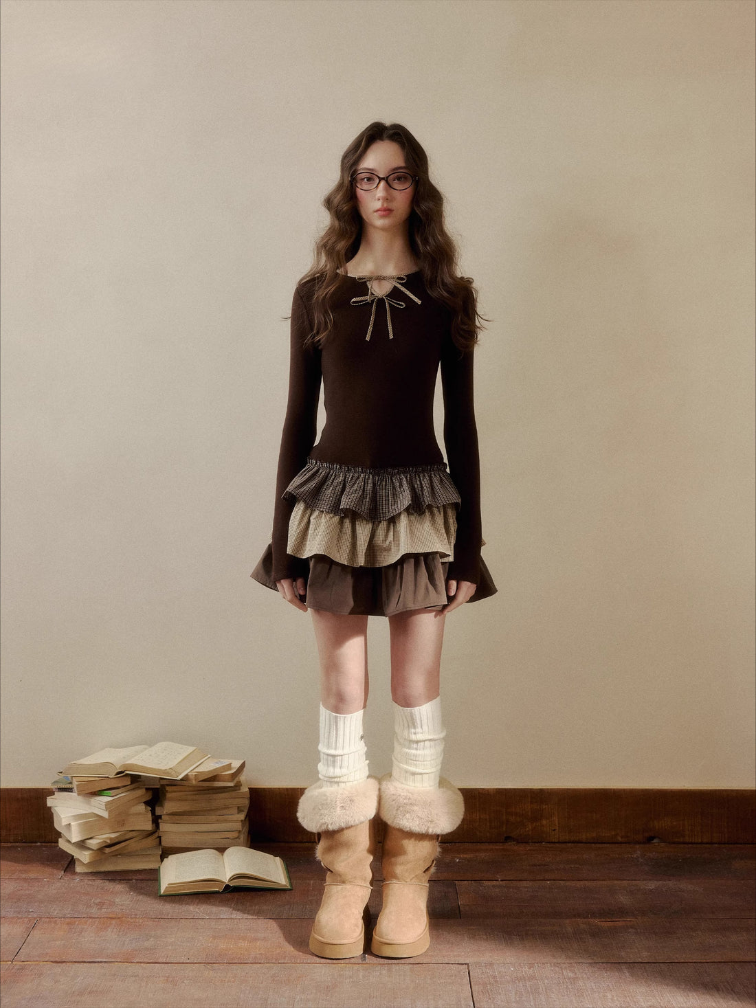 Layered Knit Plaid Tiered Puff Dress