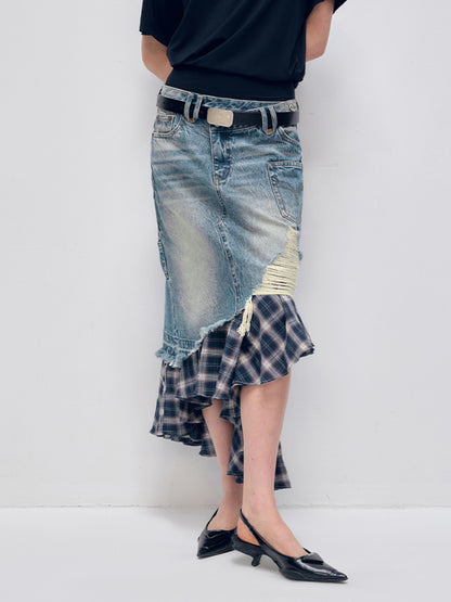 Irregular Denim Patchwork Plaid Fish Tail Skirt