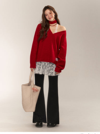 Halter V-Neck Loose Knit Sweater