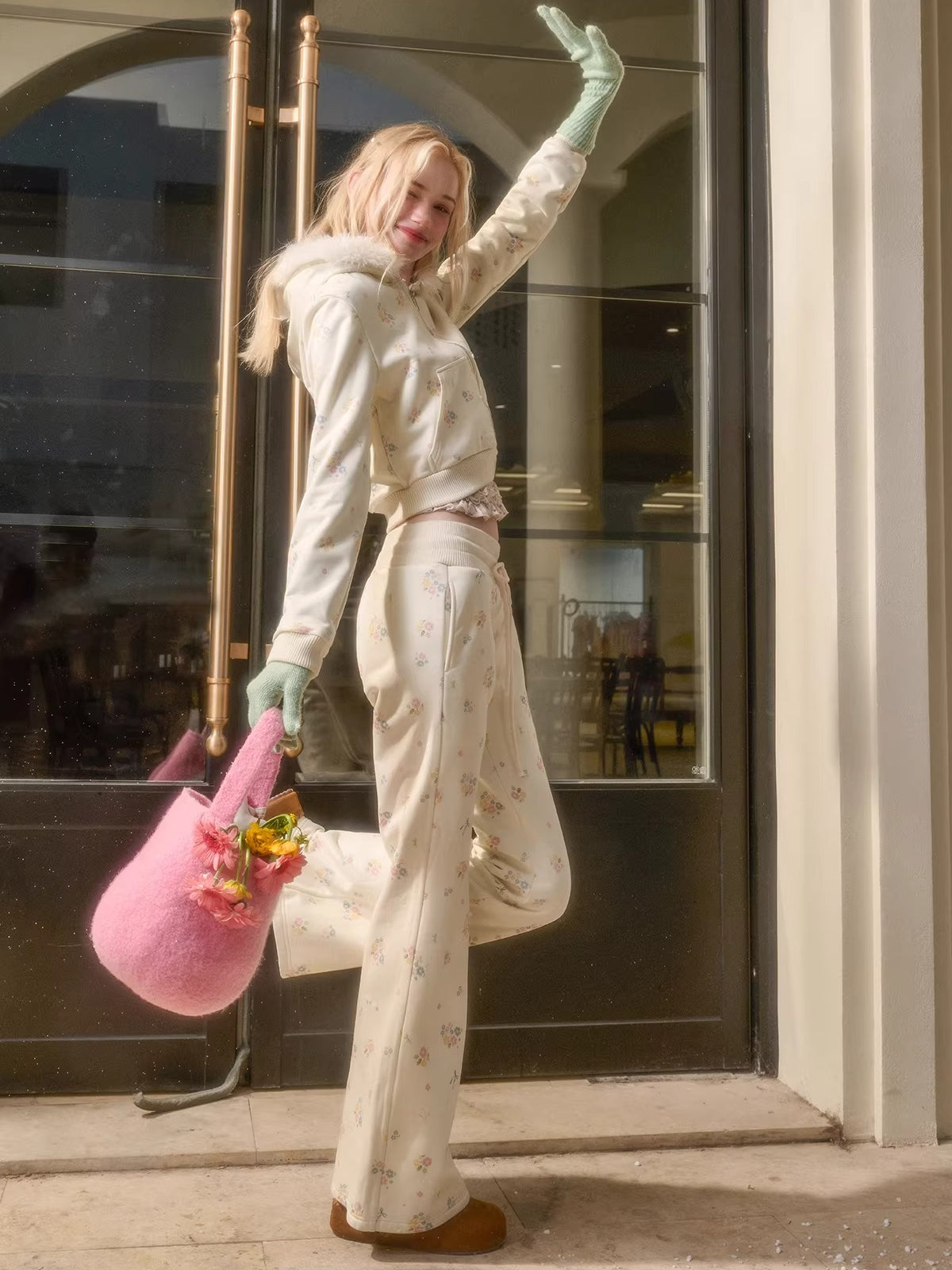 Floral-Trim Hoodie Jacket Set