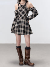 Black Plaid A-line Halter Mini Dress - CHINASQUAD