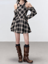 (Final Sale) Black Plaid A-line Halter Mini Dress - CHINASQUAD