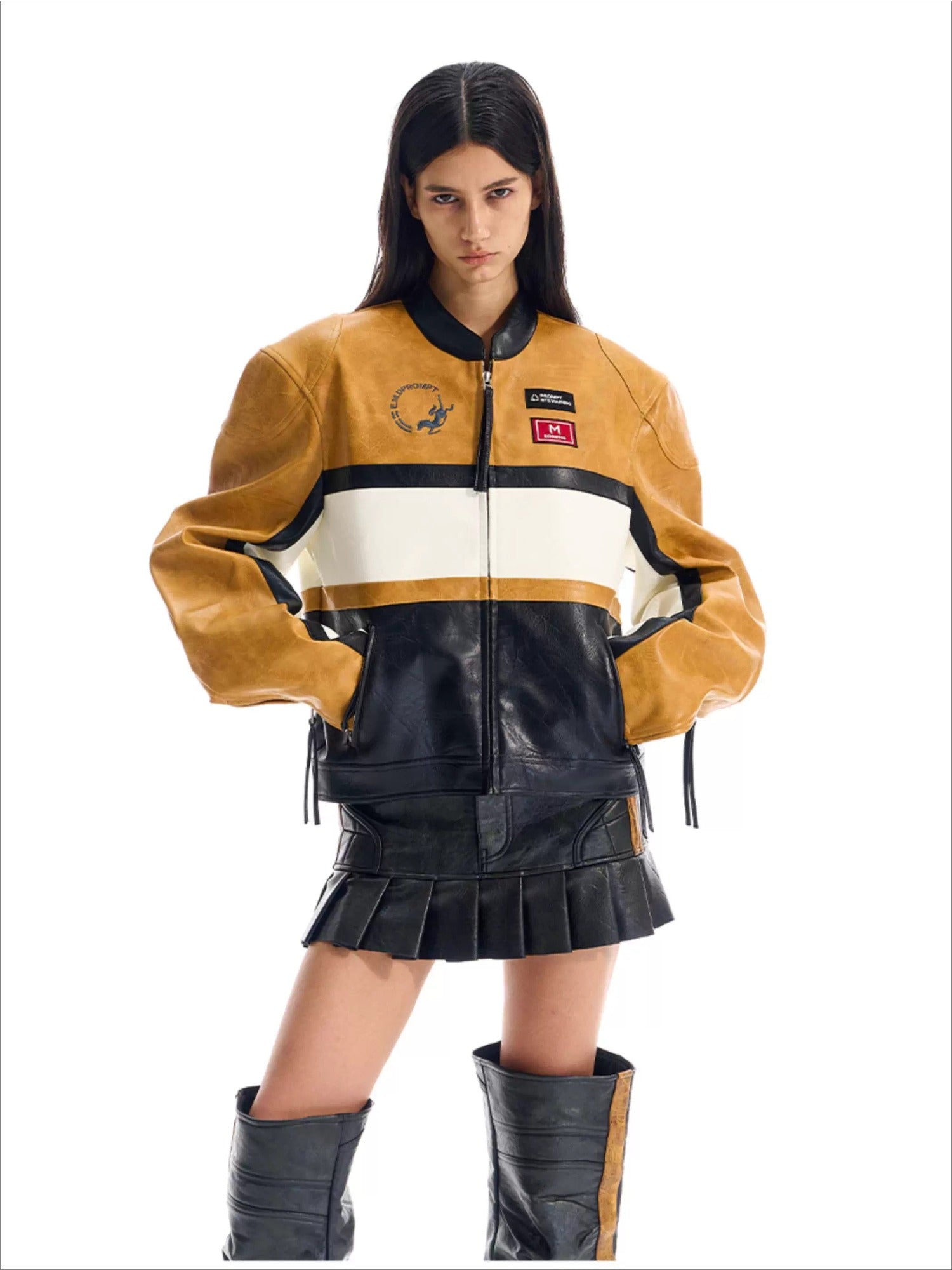 Color-Blocked Cropped Leather Sports Jacket