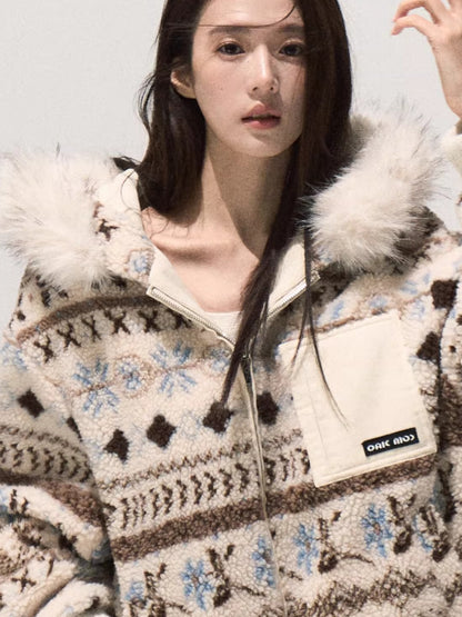 Jacquard Shearling Hooded Short Jacket