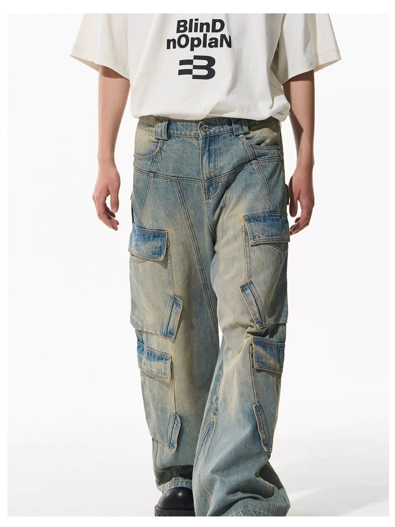 Washed Pocket-Panel Straight-Leg Denim Cargo Pants