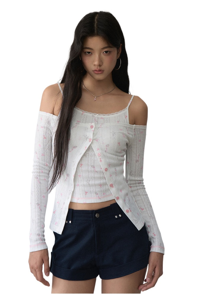 Printed Hollow-out Lace Trim One-Shoulder Top Set - CHINASQUAD