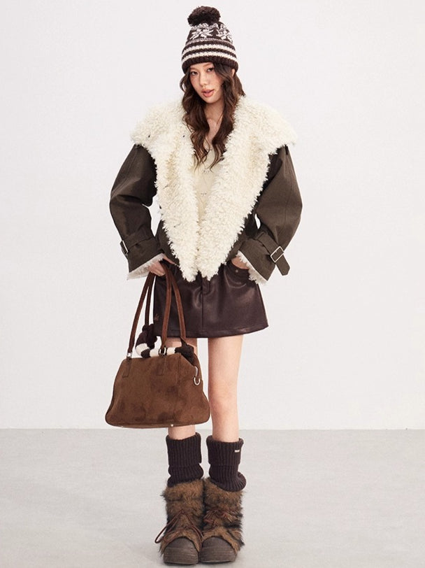 Faux-Shearling Panel Quilted Short Jacket