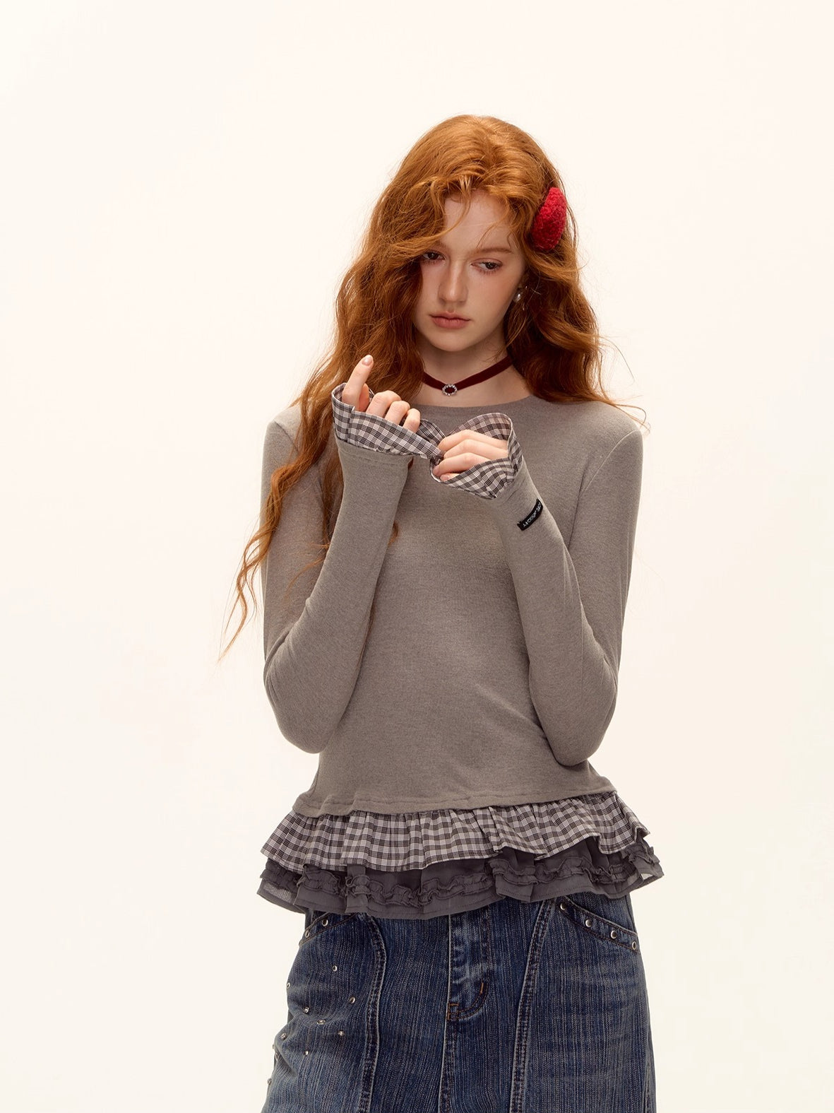 Tencel Wool Plaid Patchwork T-Shirt