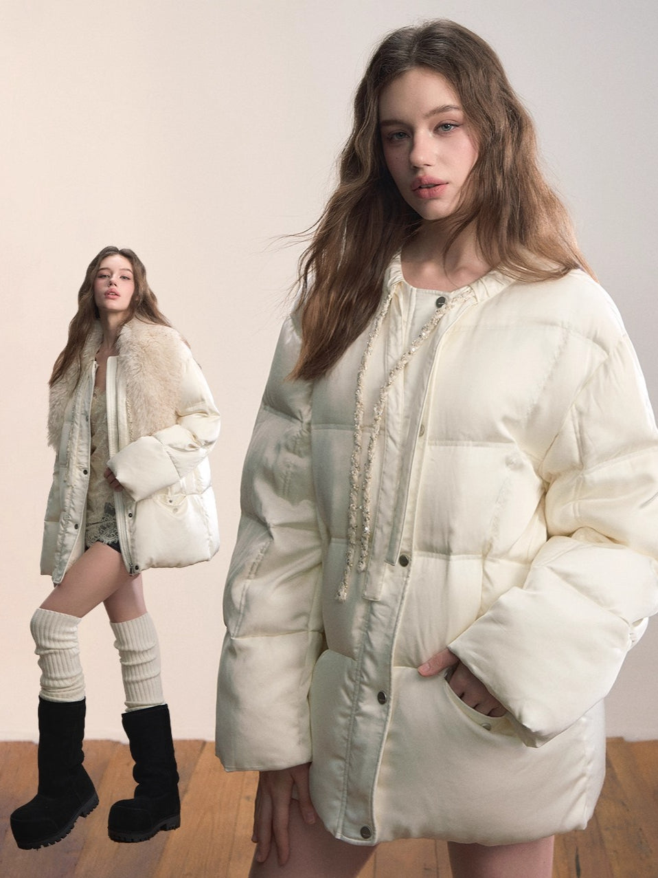 Textured Drawstring Down Puffer Jacket