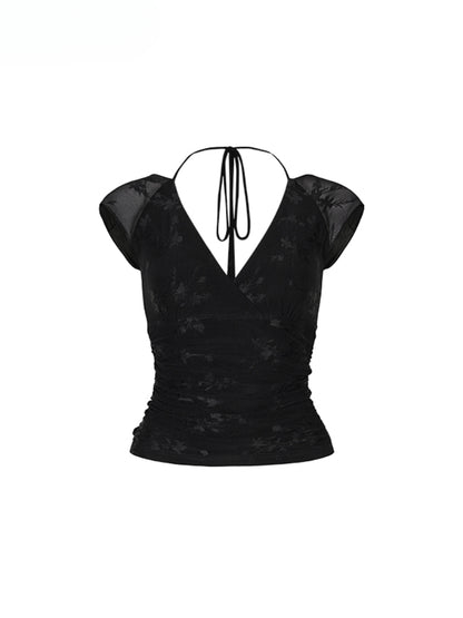 Mesh Jacquard Halter Lace Short-sleeve T-shirt