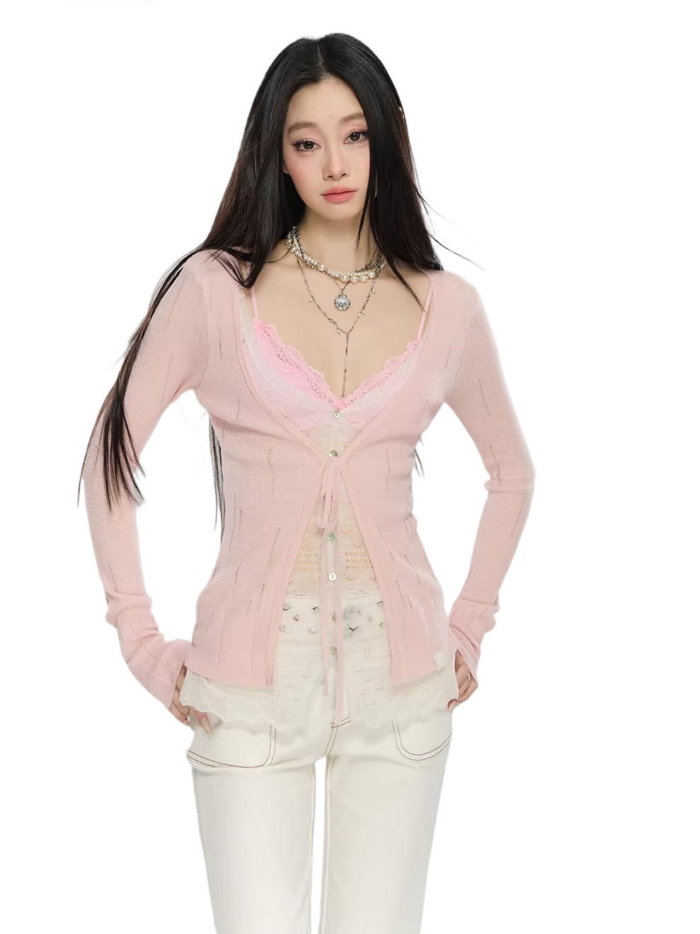 Sheer Layered Lace-Trim Knit Cardigan