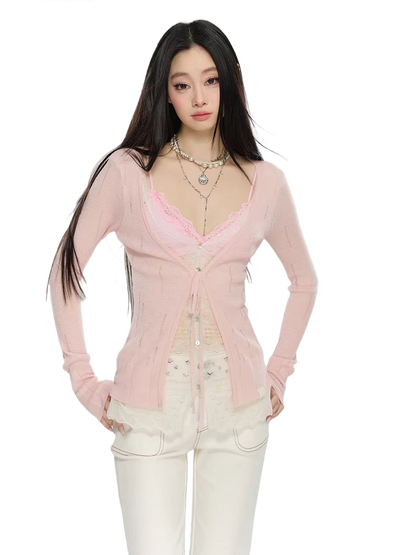 Sheer Layered Lace-Trim Knit Cardigan