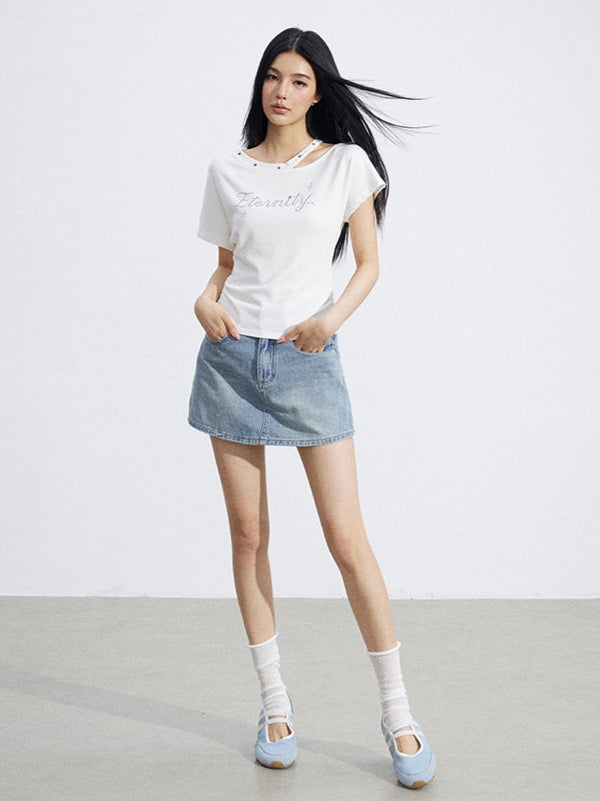 Rhinestone Off-Shoulder Slim-Fit T-Shirt