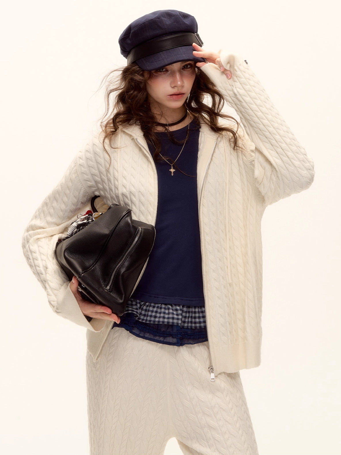 Wool Blend Cable Knit Zipped Hoodie &amp; Wide-Leg Pants Set