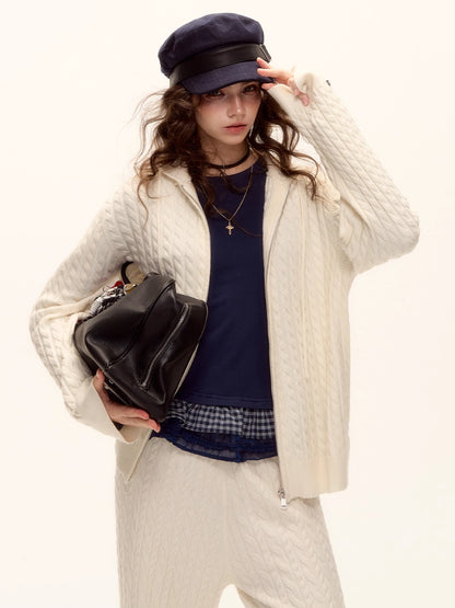 Wool Blend Cable Knit Zipped Hoodie &amp; Wide-Leg Pants Set