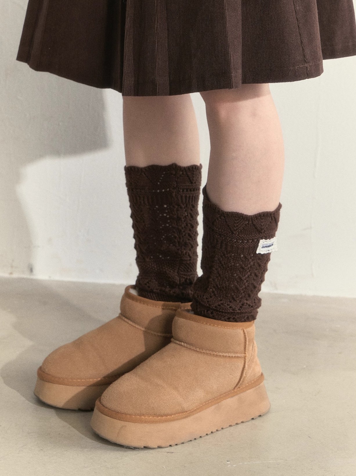 Wool-Blend Crochet Layered Knit Mid-Calf Socks