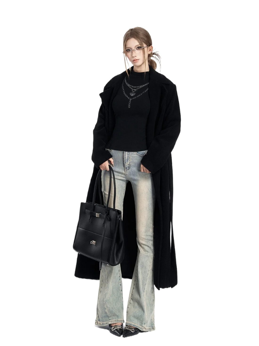 Padded-Shoulder Wool-Blend Long Coat