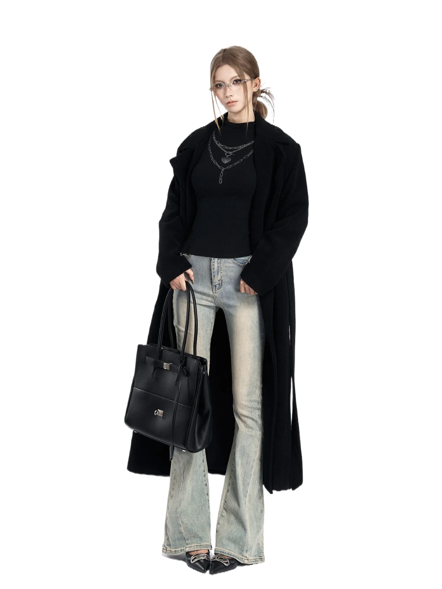 Padded-Shoulder Wool-Blend Long Coat