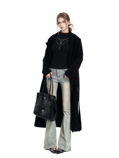 Padded-Shoulder Wool-Blend Long Coat