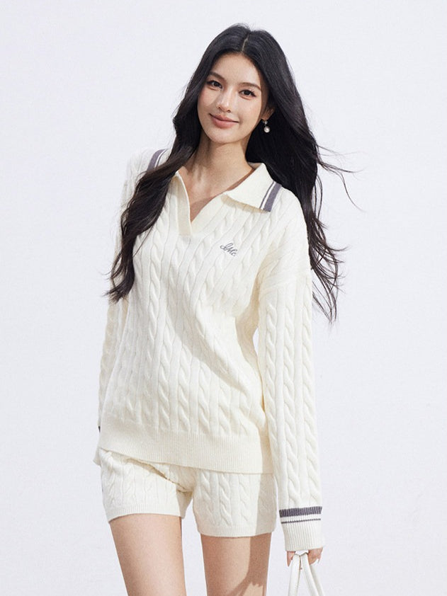 Color-Block Knit Top and Shorts Two-Piece Set