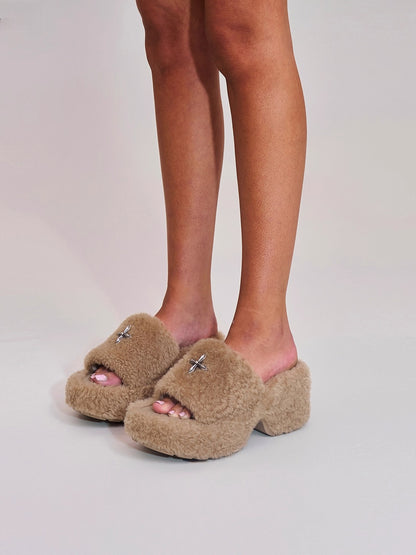 Cross Relic Shearling Heel Mules