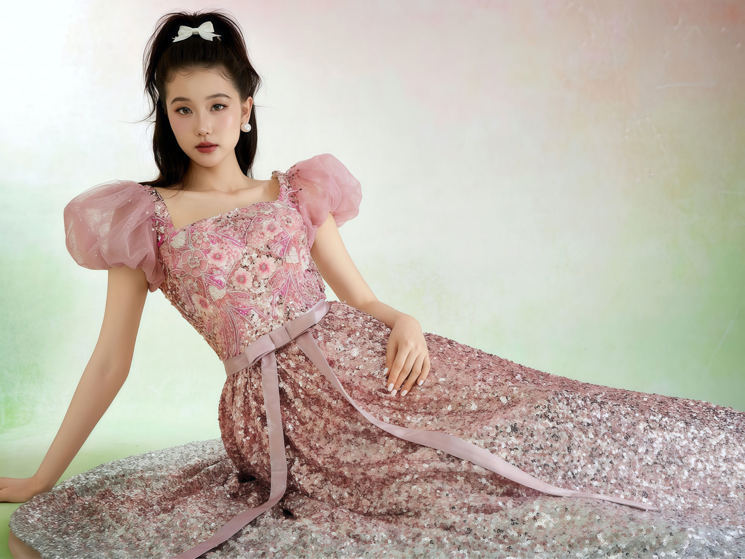 Rose Gold Gradient Sequin Embroidered Puff Sleeve Gown