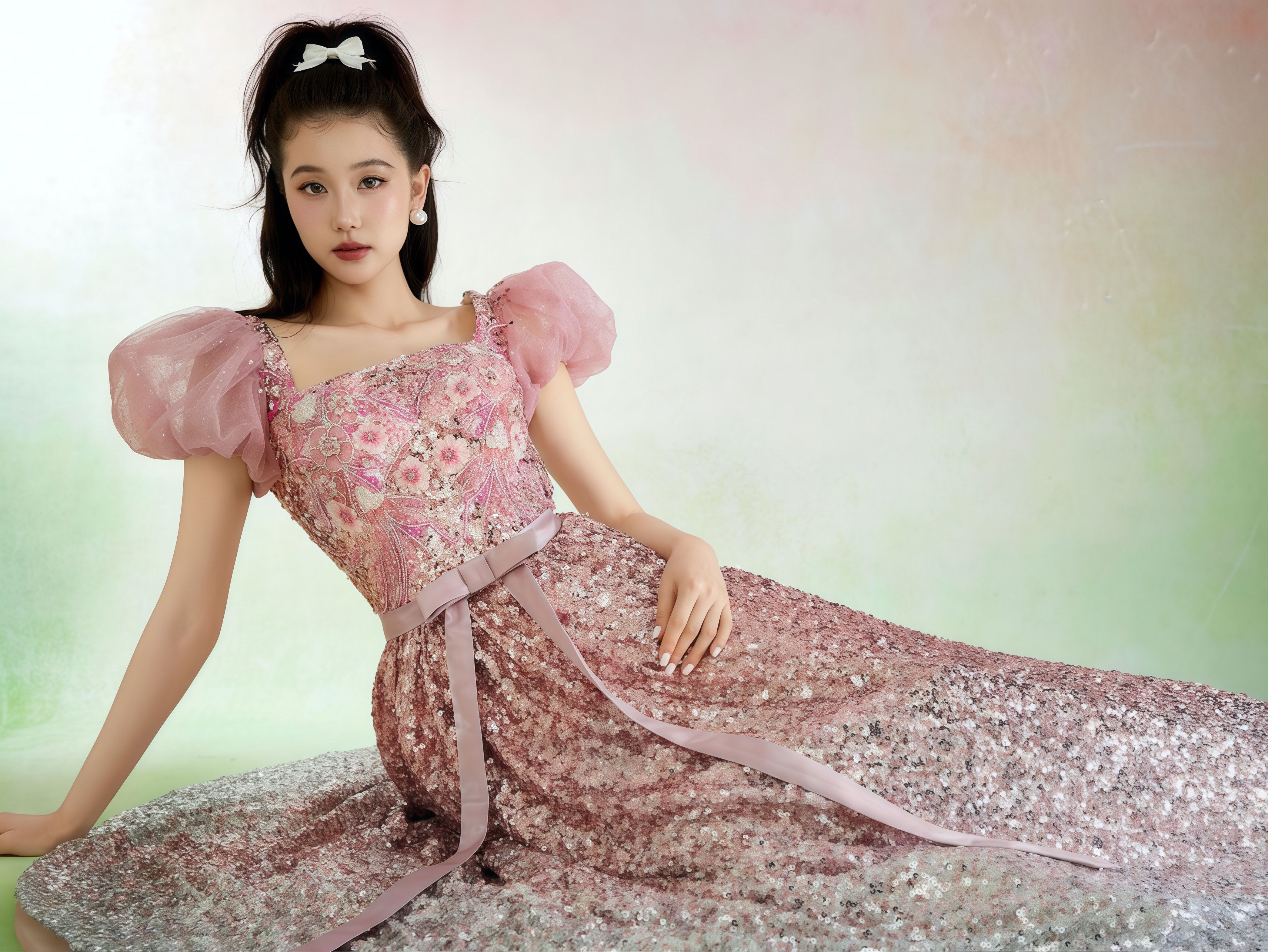Rose Gold Gradient Sequin Embroidered Puff Sleeve Gown