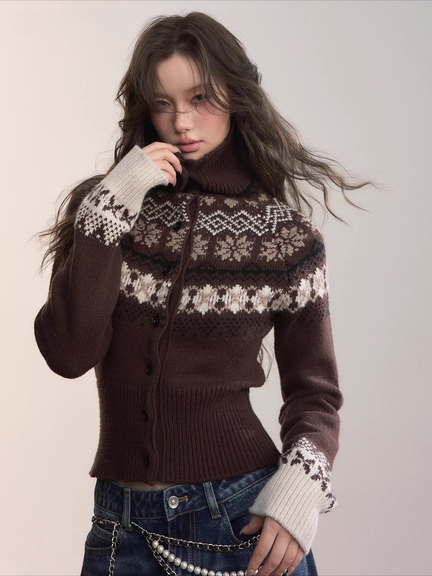 Fair Isle Wool-Blend Turtleneck Knit Cardigan