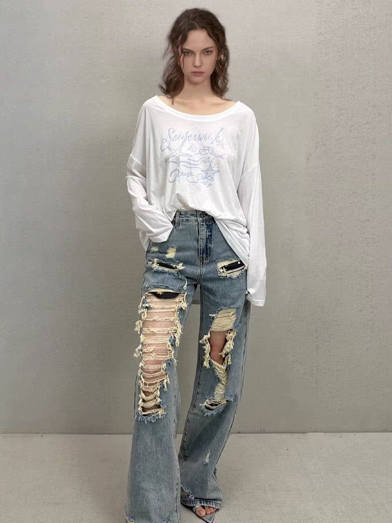 Straight-Leg Distressed Denim Jeans