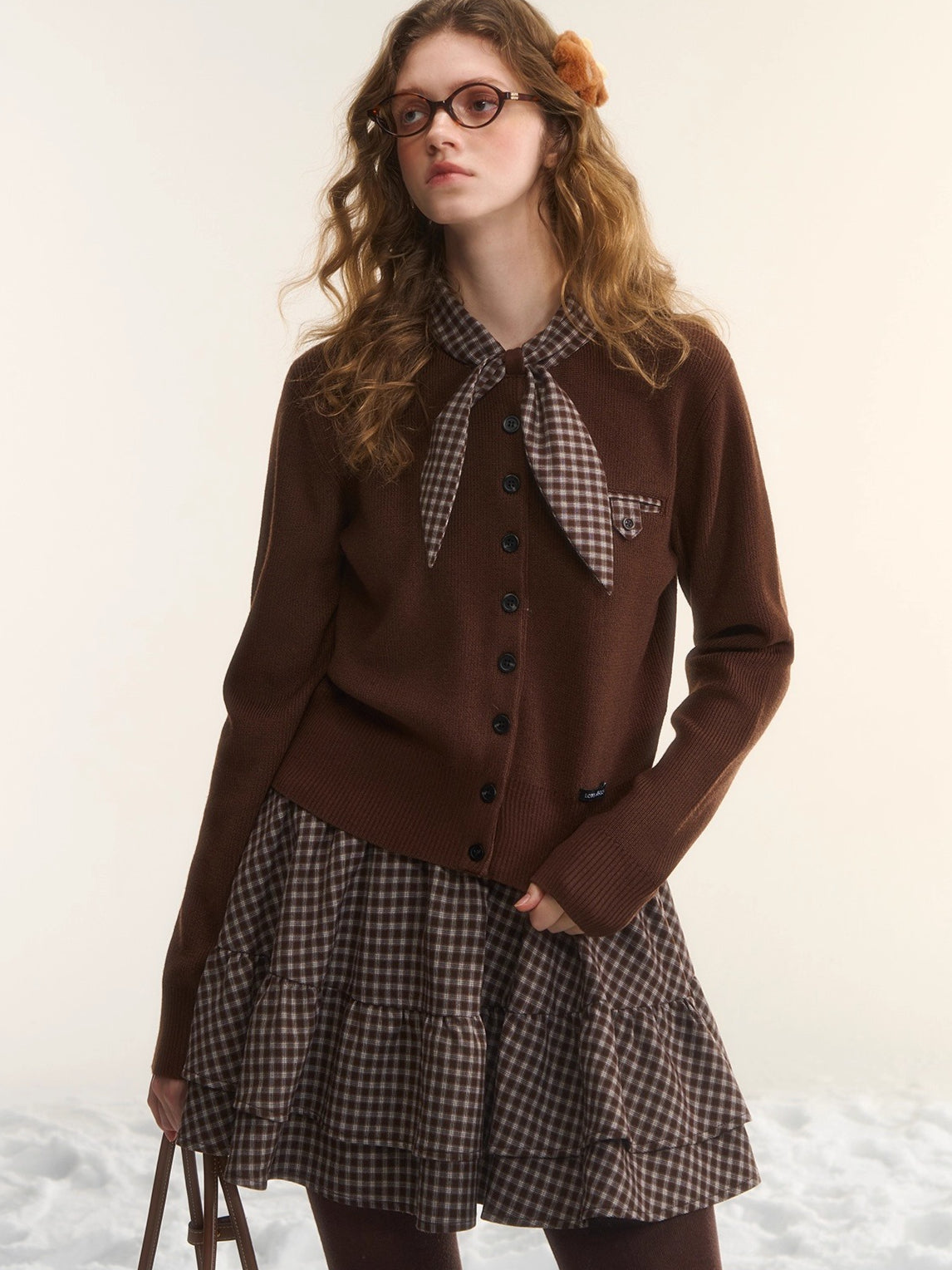 Wool-Blend Plaid Patchwork Knit Crewneck