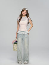 Lace-Trimmed Washed Straight-Leg Jeans Set - CHINASQUAD