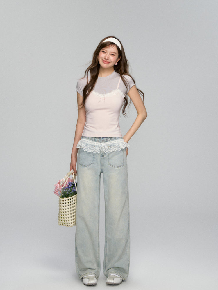 Lace-Trimmed Washed Straight-Leg Jeans Set - CHINASQUAD